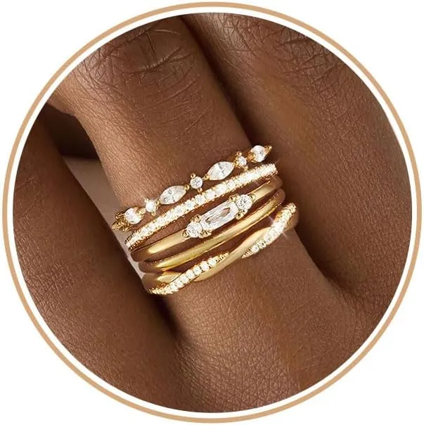 Gold Rings for Women Non Tarnish 14k Gold Plated Dainty Stackable Cubic Zirconia Thumb Stacking Wedding Bands for Women Eternity Promise Engagement Ring Set Jewelry Gift Size 6-10
