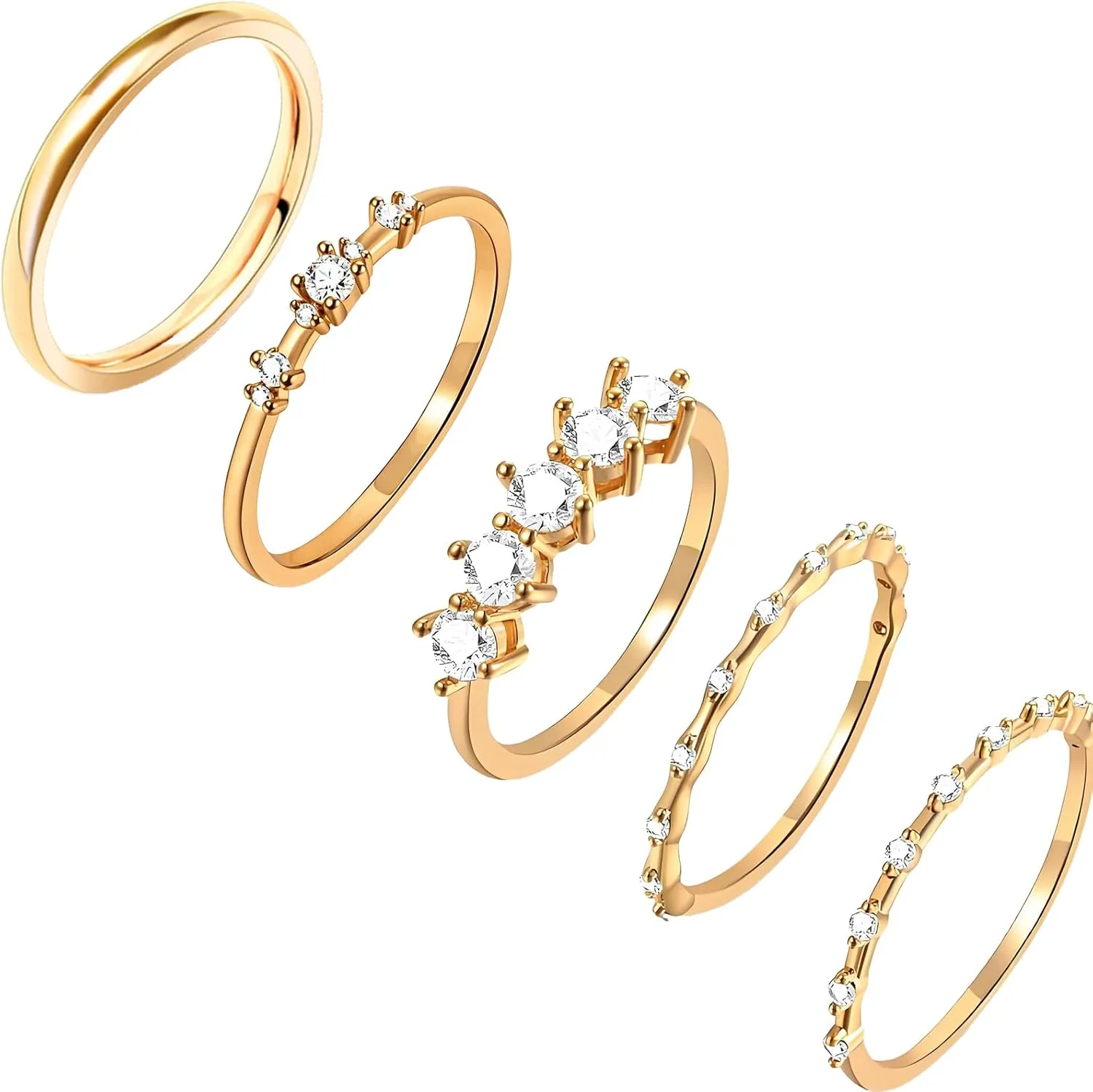 Gold Rings for Women,Set of 5 Stackable Cubic Zirconia Thumb Rings, Non-Tarnish Gold Plated Engagement Band Set, Dainty Statement Stacking Rings for Women, Great for Everyday Wear