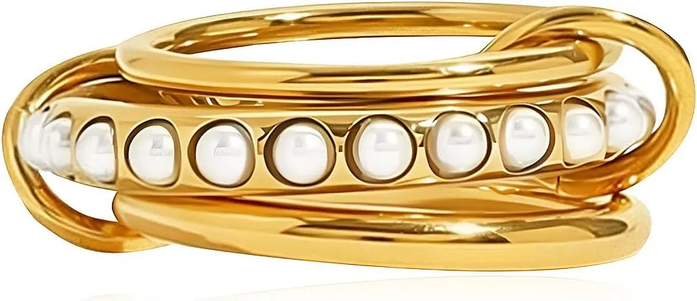 Gold Stackable Rings for Women Non Tarnish - Chunky Gold Spinelli Rings Set with Pearls, Trendy Multi-Link Connected | Fashion Statement Jewelry | Gifts for Women