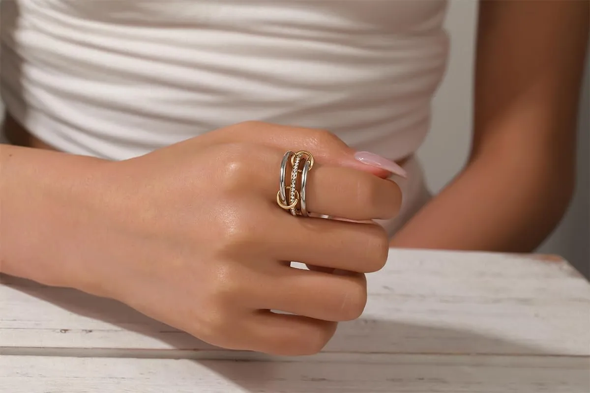 Gold/Silver Interlocked Rings For Women Dainty Stainless Steel Cubic Zirconia Stackable Statement Rings Two-toned Connected Bands Rings Non Tarnish (size 6-10)