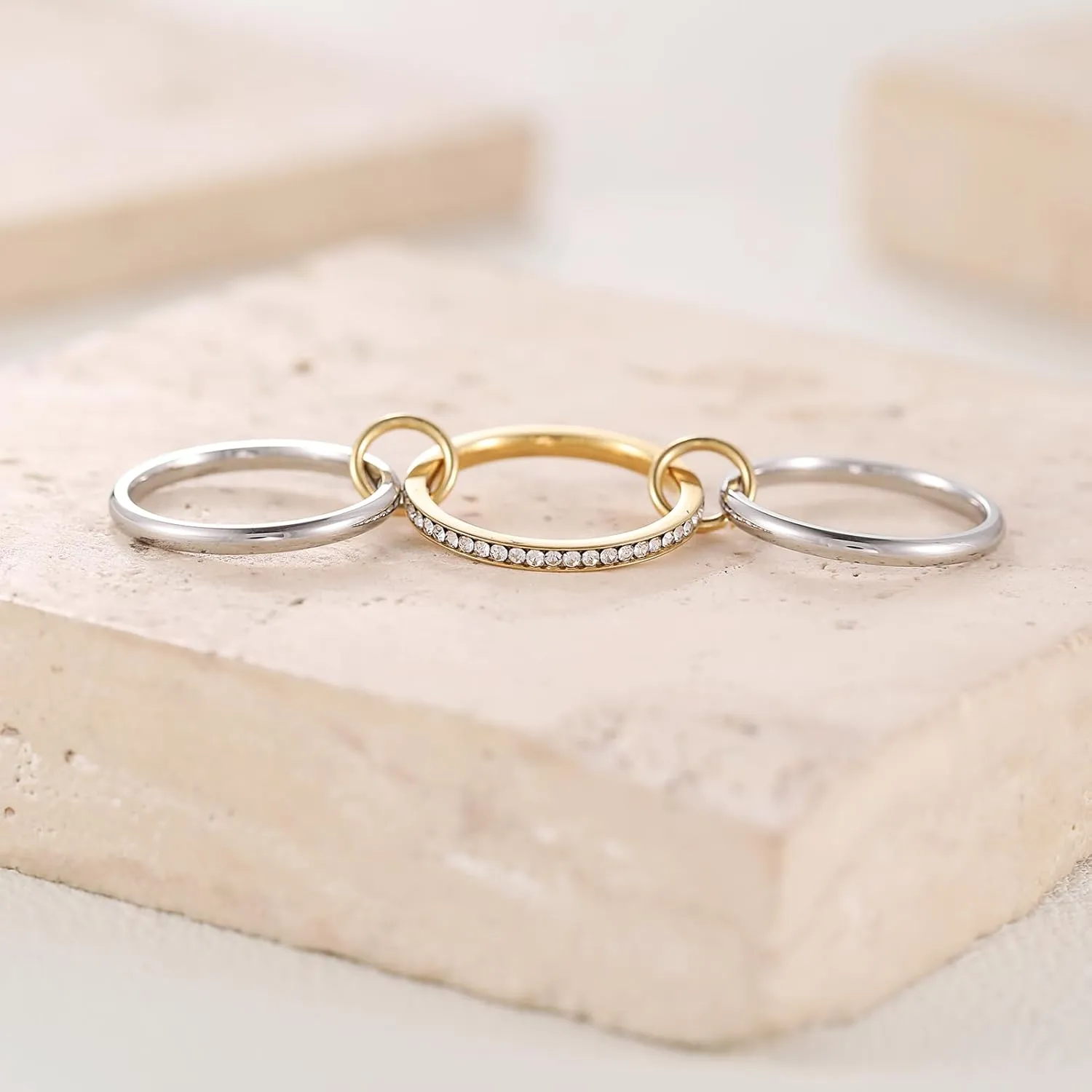 Gold/Silver Interlocked Rings For Women Dainty Stainless Steel Cubic Zirconia Stackable Statement Rings Two-toned Connected Bands Rings Non Tarnish (size 6-10)