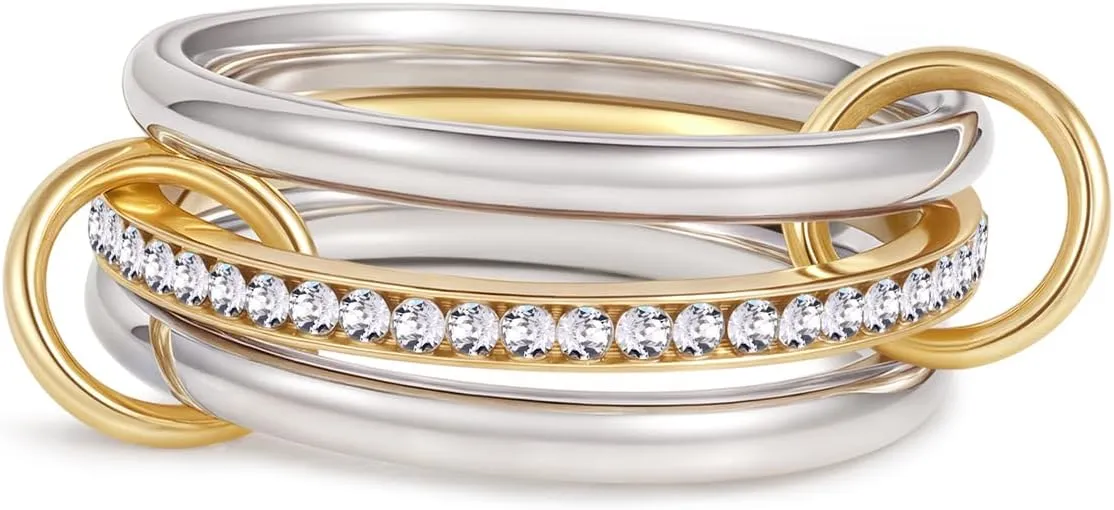 Gold/Silver Interlocked Rings For Women Dainty Stainless Steel Cubic Zirconia Stackable Statement Rings Two-toned Connected Bands Rings Non Tarnish (size 6-10)