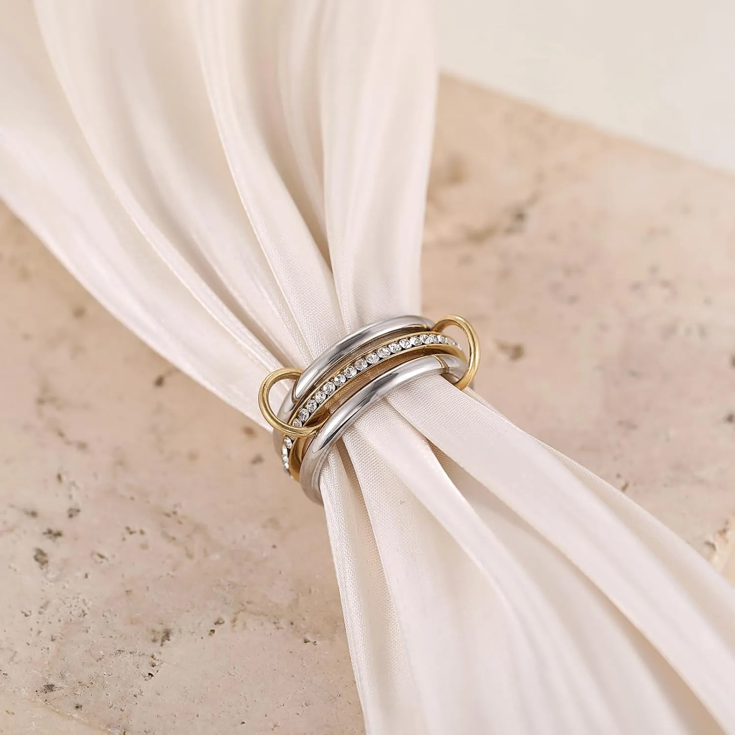 Gold/Silver Interlocked Rings For Women Dainty Stainless Steel Cubic Zirconia Stackable Statement Rings Two-toned Connected Bands Rings Non Tarnish (size 6-10)