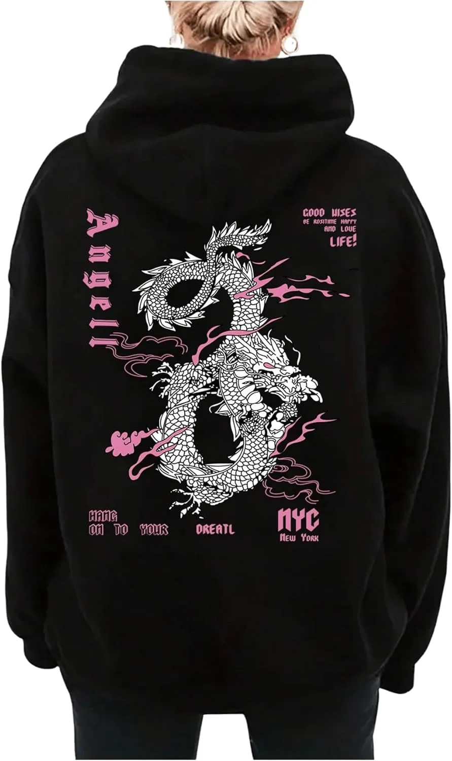 GORGLITTER Women's Plus Size Oversized Graphic Hoodies Drawstring Long Sleeve Loose Hooded Sweatshirts