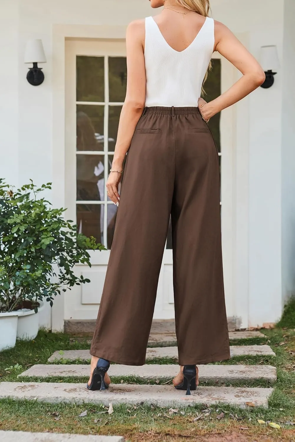 GRACE KARIN Wide Leg Pants for Women Cotton Linen Business Casual Long Trousers Palazzo Pants with Pockets
