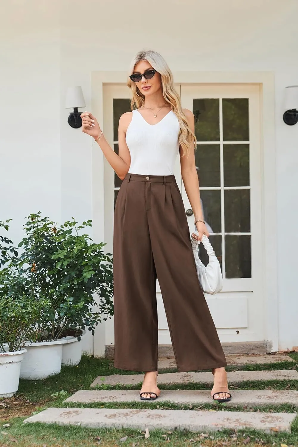 GRACE KARIN Wide Leg Pants for Women Cotton Linen Business Casual Long Trousers Palazzo Pants with Pockets