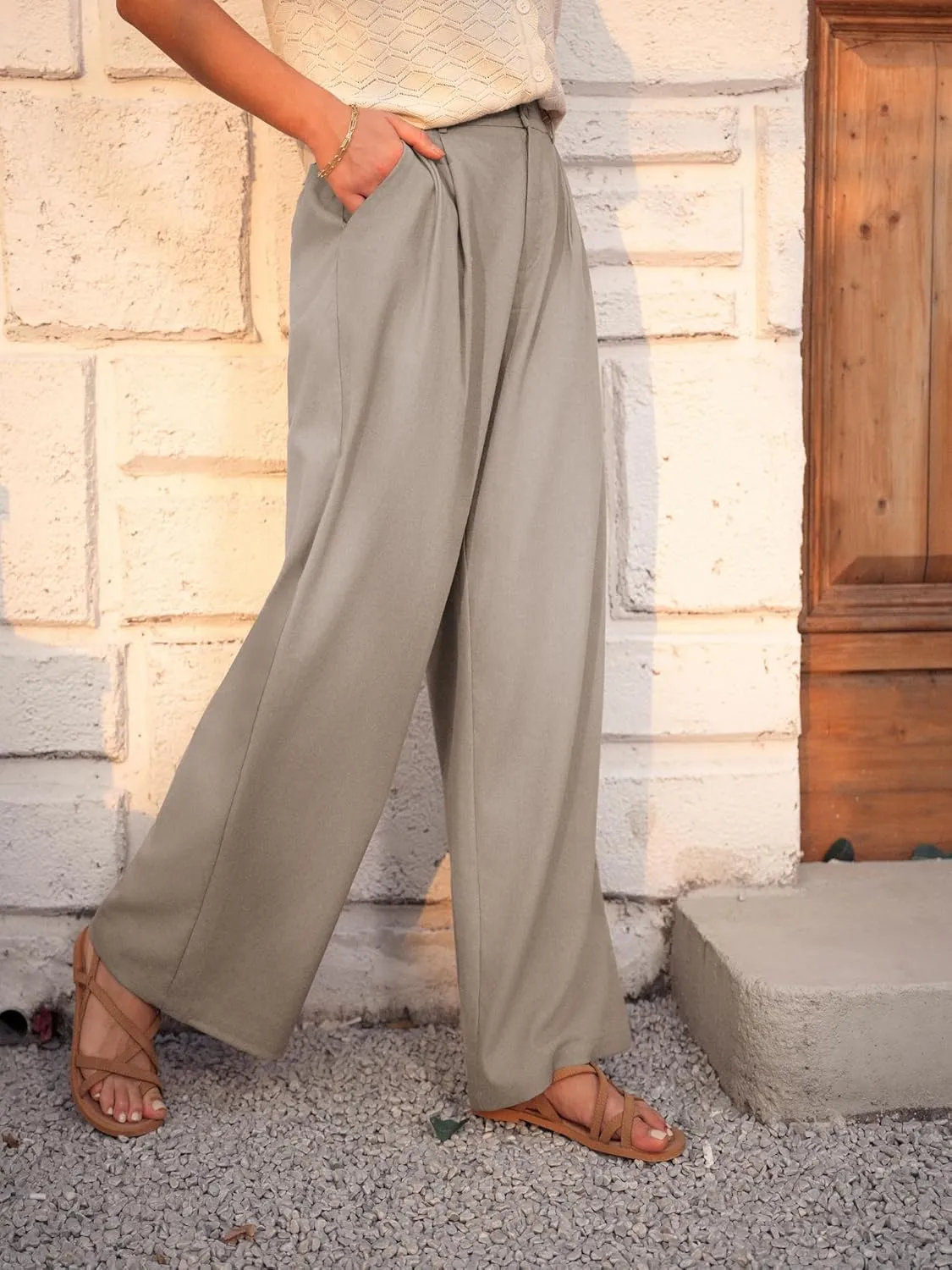 GRACE KARIN Wide Leg Pants for Women Cotton Linen Business Casual Long Trousers Palazzo Pants with Pockets