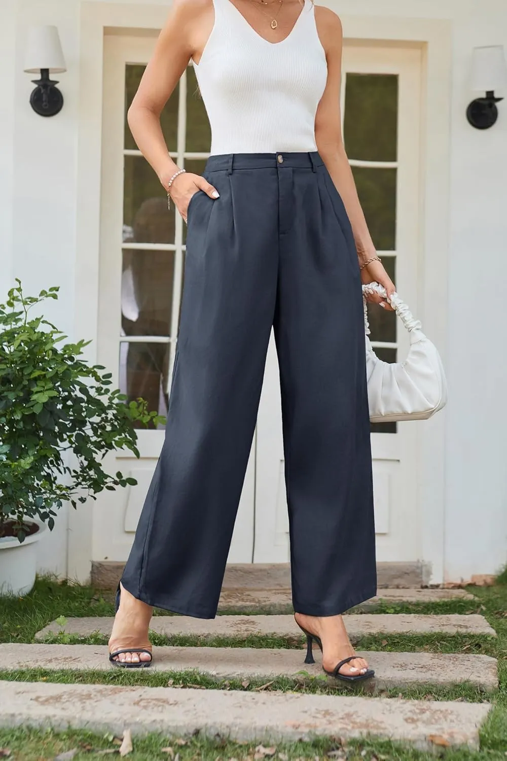GRACE KARIN Wide Leg Pants for Women Cotton Linen Business Casual Long Trousers Palazzo Pants with Pockets