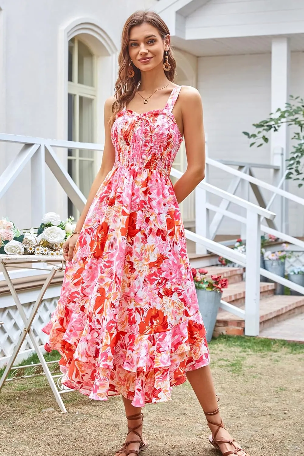 GRACE KARIN Women's 2025 Summer Floral Boho Dress Square Neck Strapped Swing A Line Sundress Beach Long Maxi Outfits
