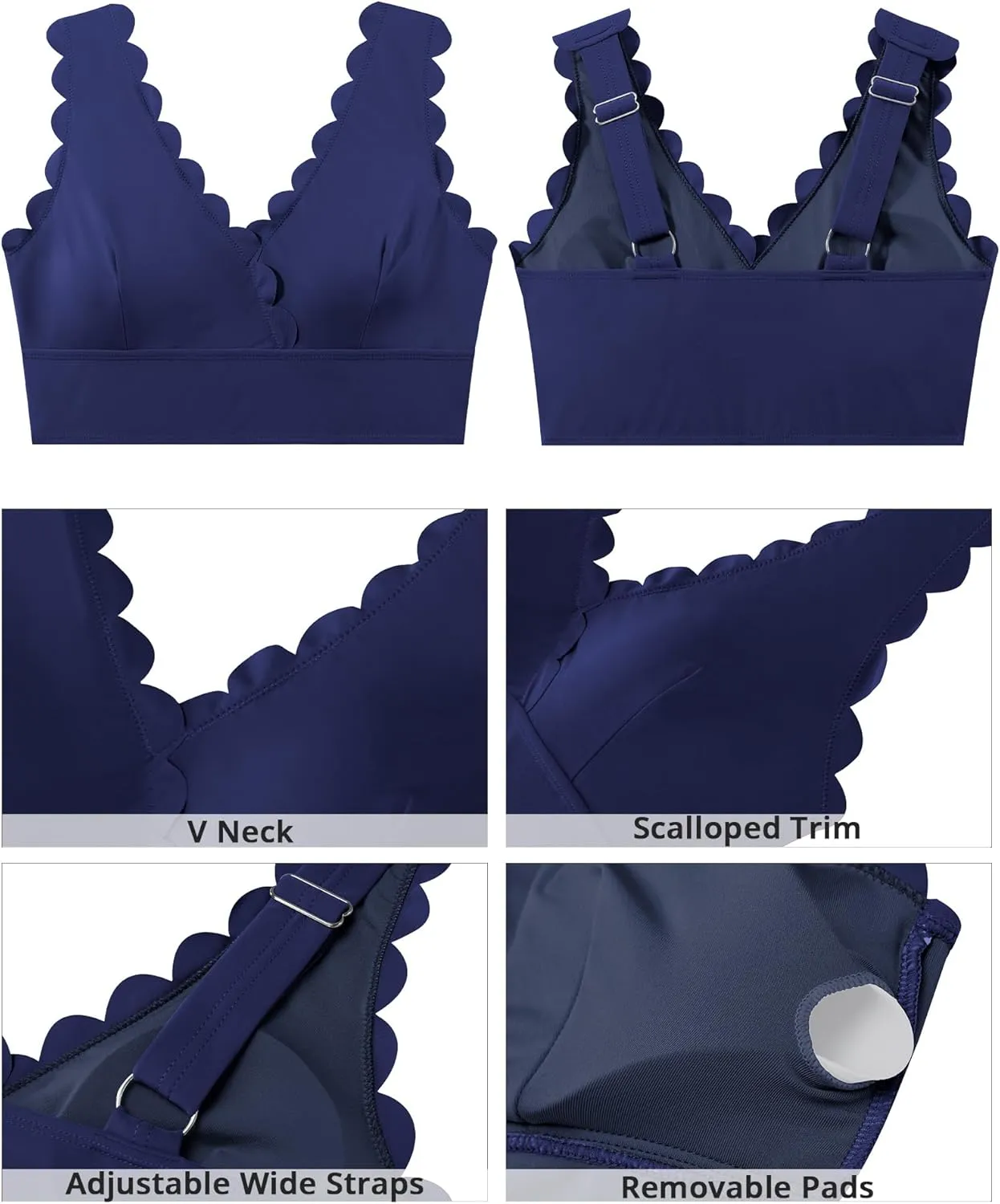 GRAPENT Bikini Tops for Women Scalloped Bathing Suit Beach Padded Adjustable Cropped Tankini Swimwear Swim Top Only