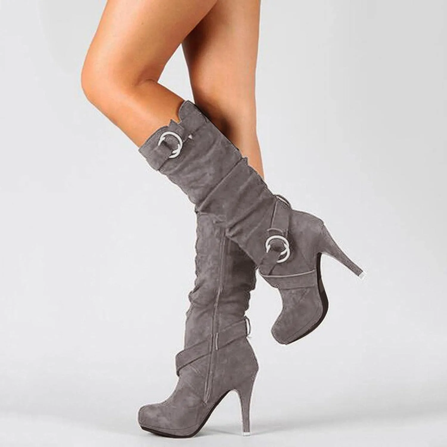 Hbeylia Stiletto High Heels Boots For Women Ladies Fashion Slouchy Metal Buckle Ruched Suede Round Toe Platform Wedge Dress Pump Slip On Mid Calf Boots Slouch Casual Winter Fall Long Tall Boots