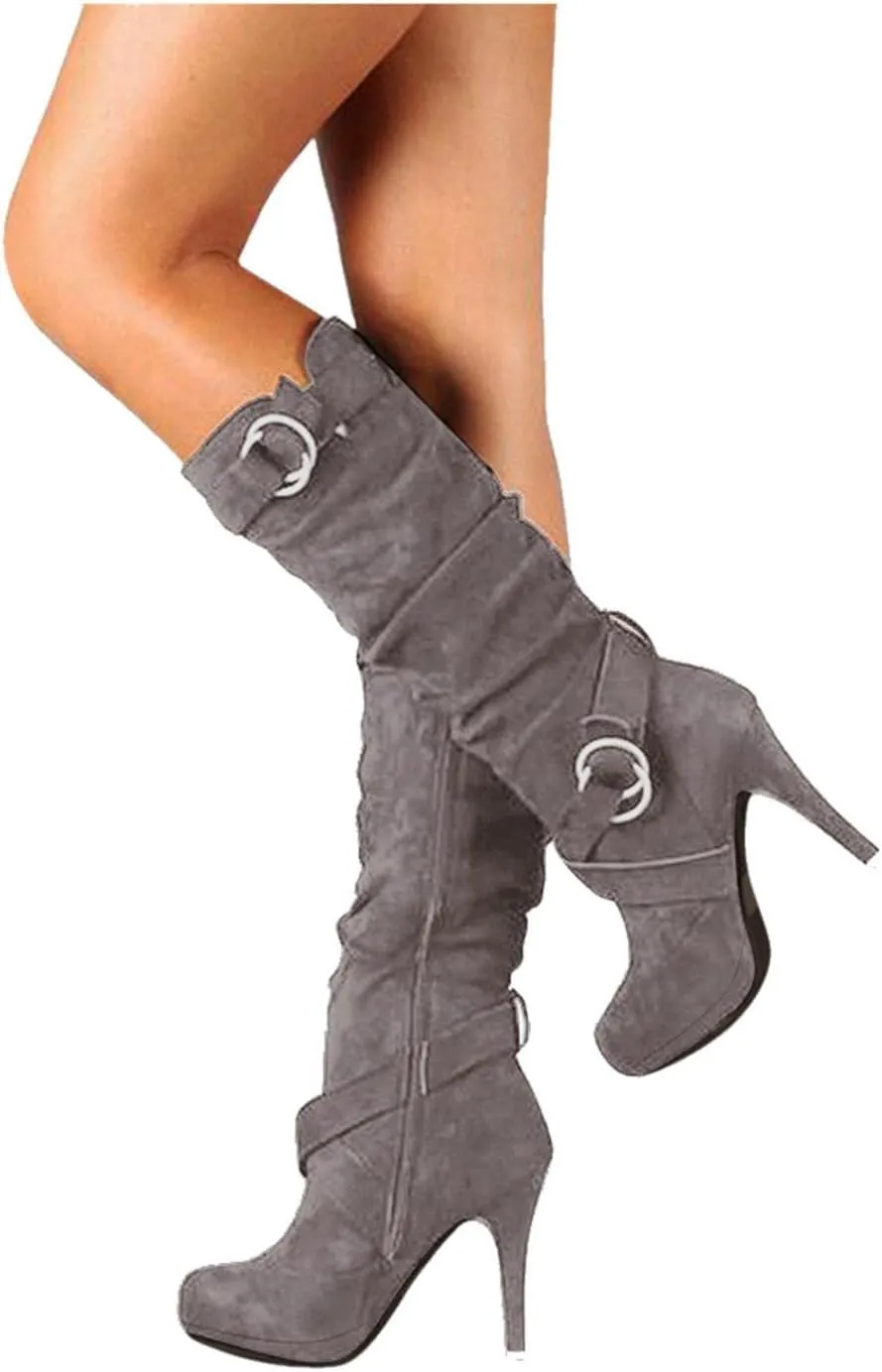 Hbeylia Stiletto High Heels Boots For Women Ladies Fashion Slouchy Metal Buckle Ruched Suede Round Toe Platform Wedge Dress Pump Slip On Mid Calf Boots Slouch Casual Winter Fall Long Tall Boots