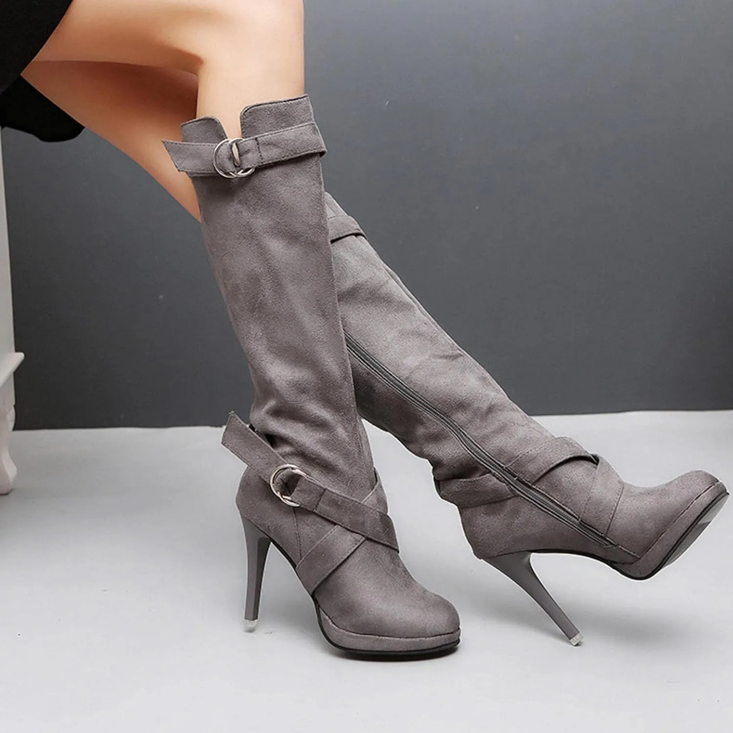 Hbeylia Stiletto High Heels Boots For Women Ladies Fashion Slouchy Metal Buckle Ruched Suede Round Toe Platform Wedge Dress Pump Slip On Mid Calf Boots Slouch Casual Winter Fall Long Tall Boots