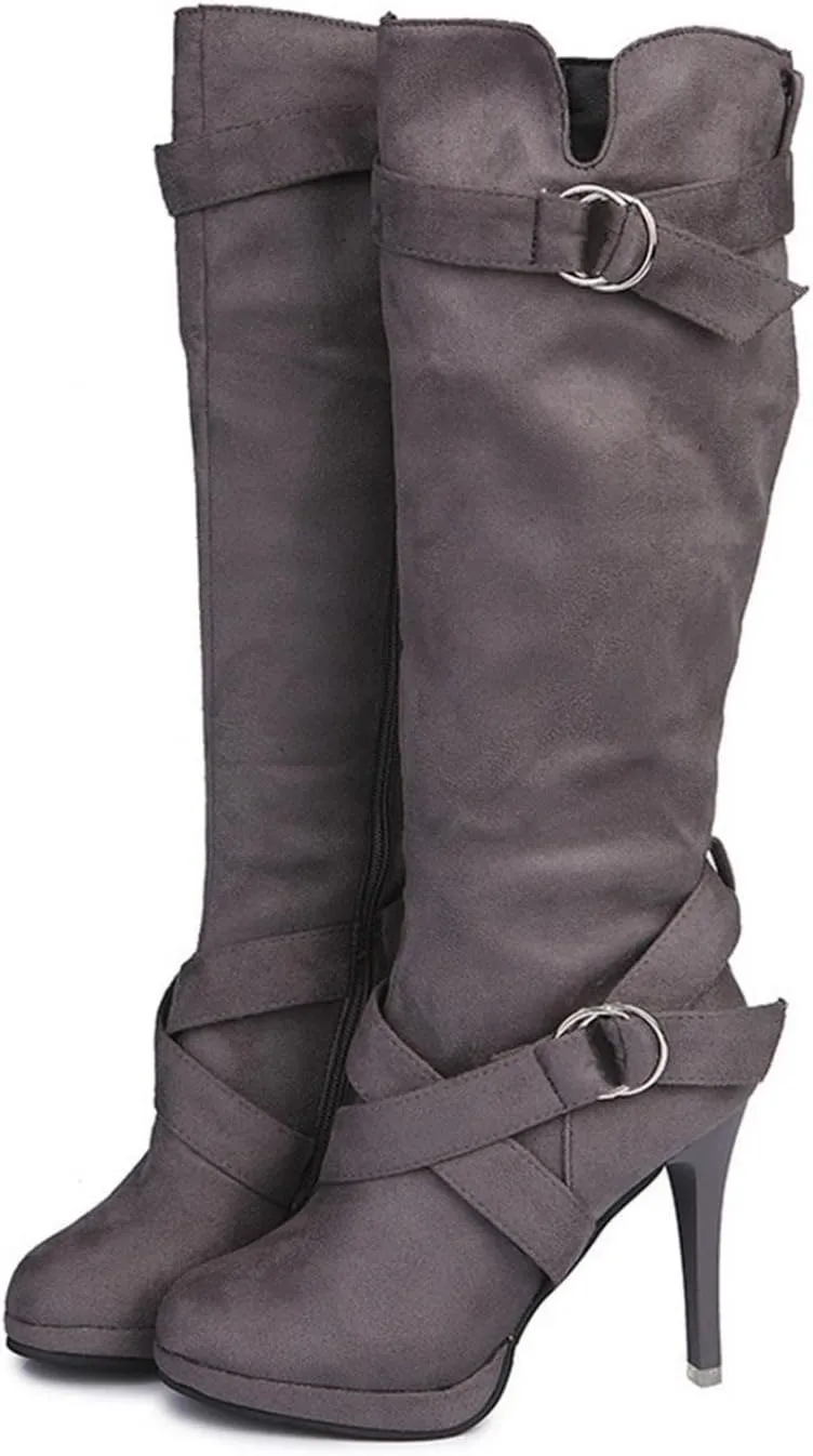 Hbeylia Stiletto High Heels Boots For Women Ladies Fashion Slouchy Metal Buckle Ruched Suede Round Toe Platform Wedge Dress Pump Slip On Mid Calf Boots Slouch Casual Winter Fall Long Tall Boots