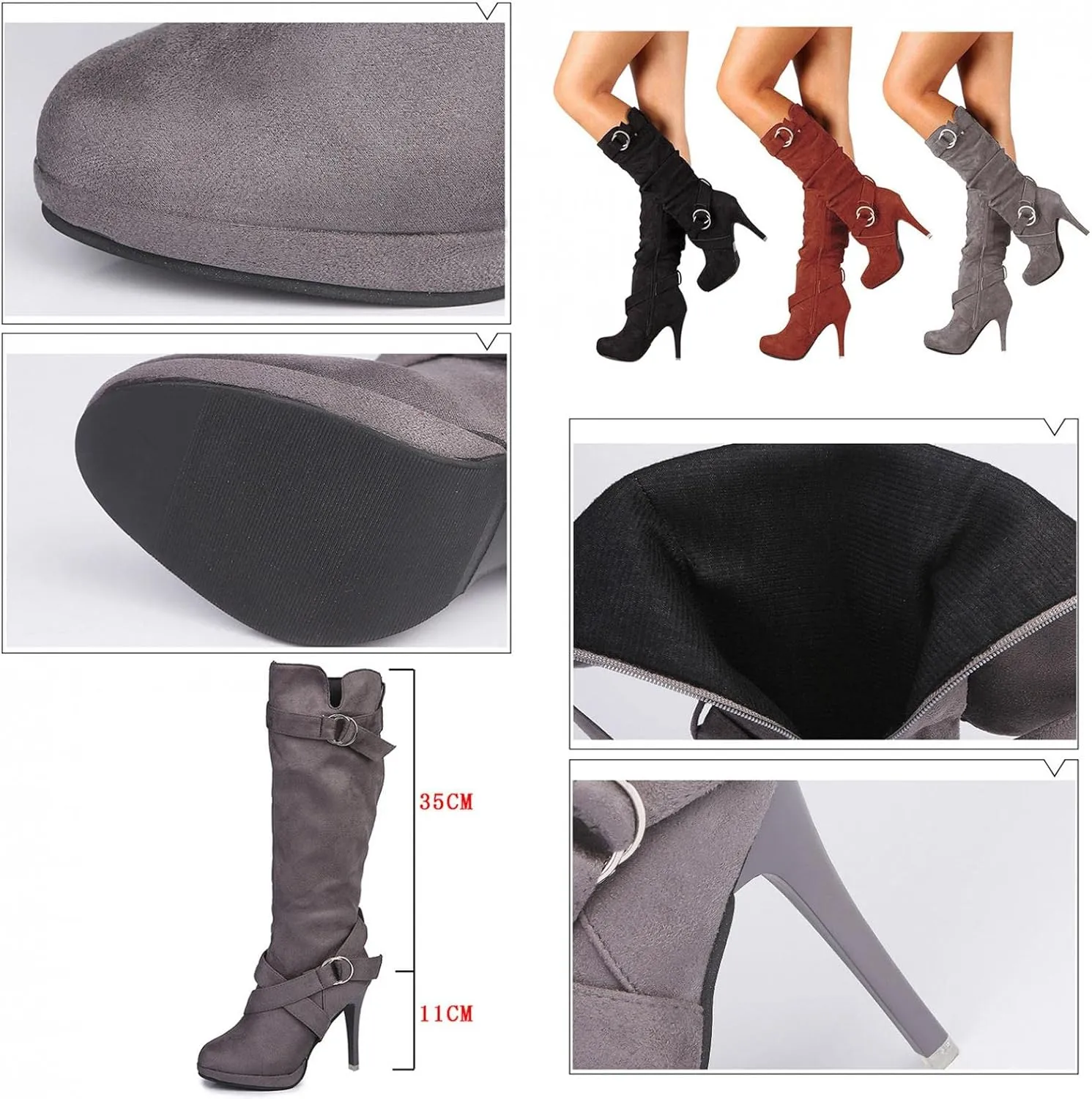 Hbeylia Stiletto High Heels Boots For Women Ladies Fashion Slouchy Metal Buckle Ruched Suede Round Toe Platform Wedge Dress Pump Slip On Mid Calf Boots Slouch Casual Winter Fall Long Tall Boots