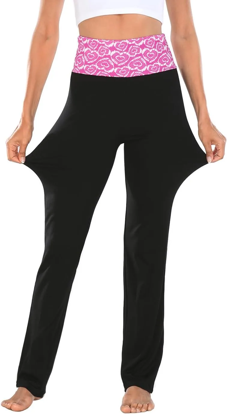 HDE Women's Color Block Fold Over Waist Yoga Pants Flare Leg Workout Leggings