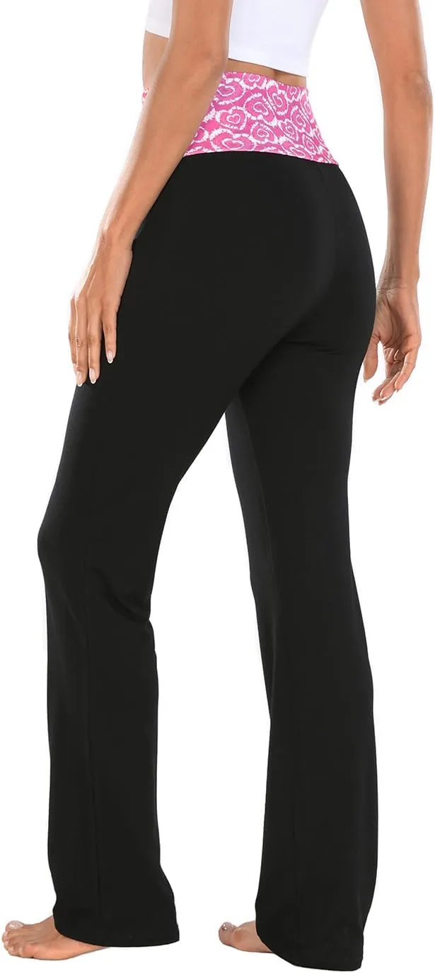 HDE Women's Color Block Fold Over Waist Yoga Pants Flare Leg Workout Leggings