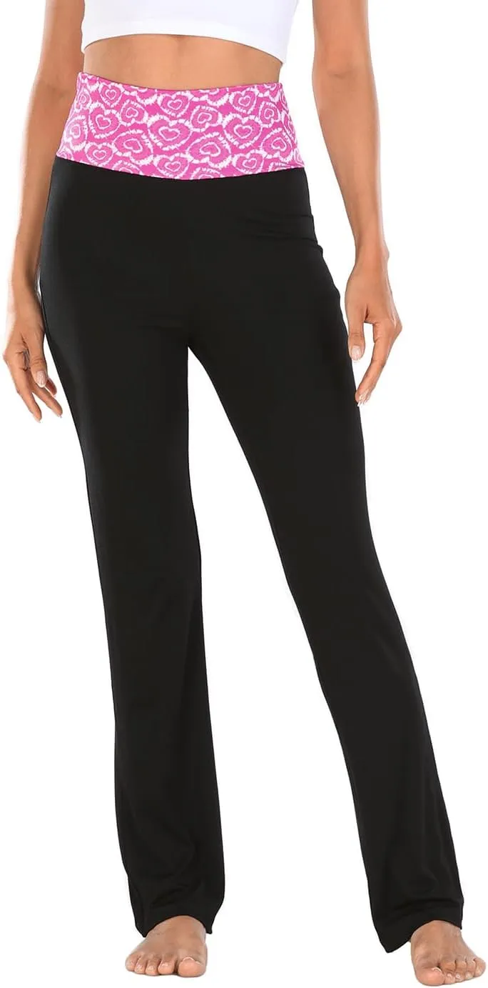 HDE Women's Color Block Fold Over Waist Yoga Pants Flare Leg Workout Leggings