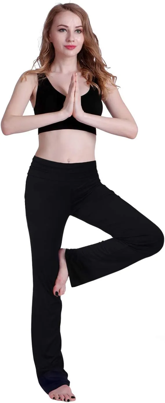 HDE Women's Color Block Fold Over Waist Yoga Pants Flare Leg Workout Leggings