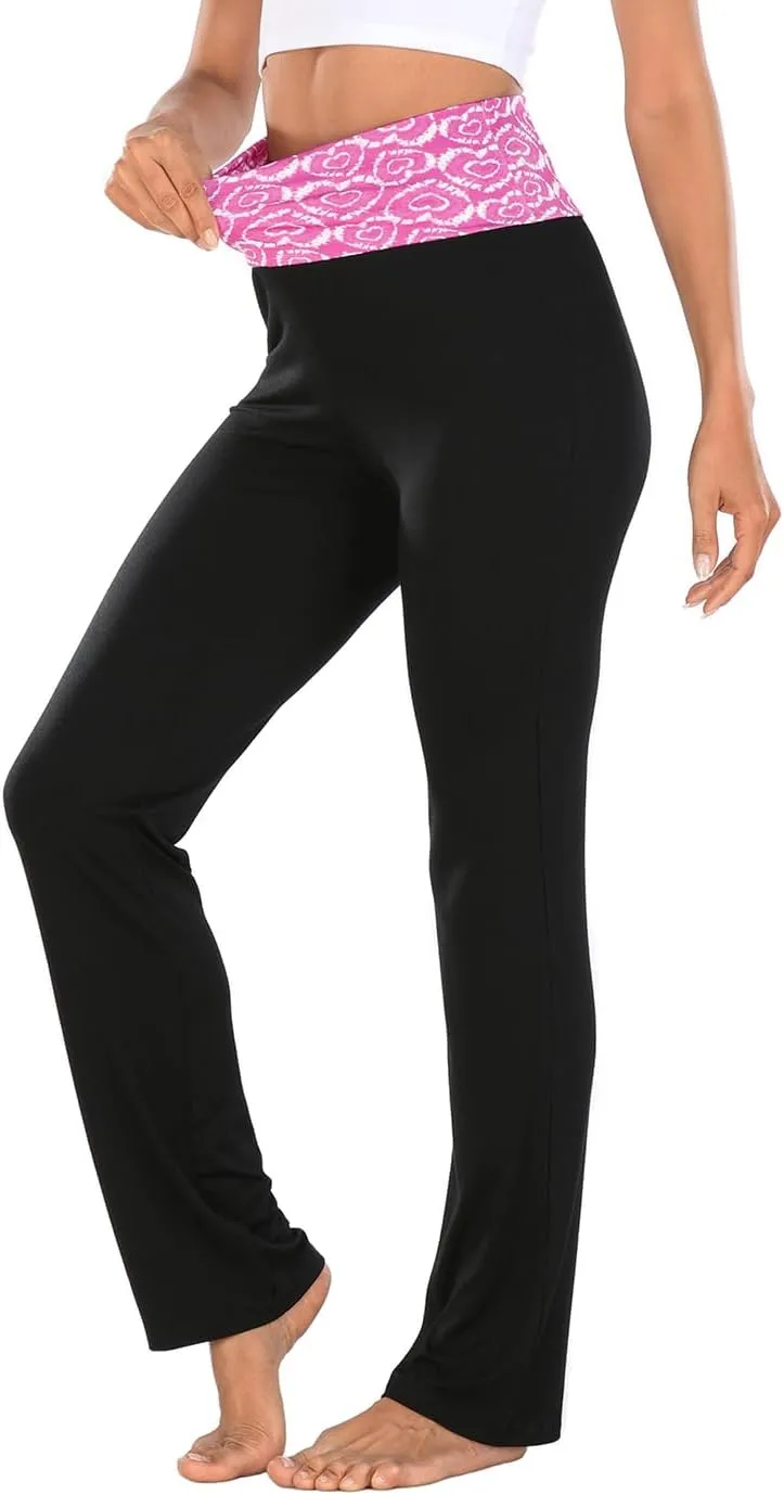 HDE Women's Color Block Fold Over Waist Yoga Pants Flare Leg Workout Leggings