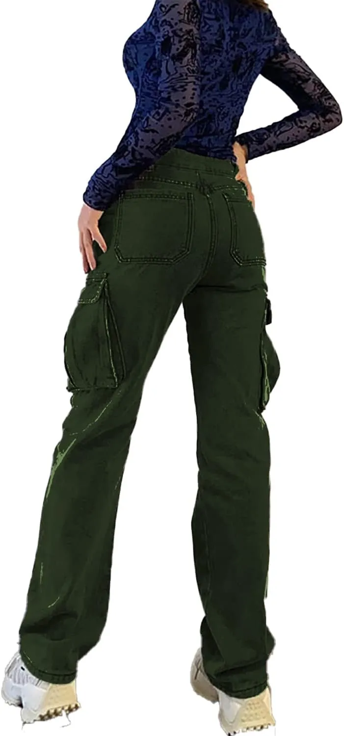 High Waist Baggy Cargo Jeans for Women Flap Pocket Relaxed Fit Straight Wide Leg Y2K Fashion Jeans