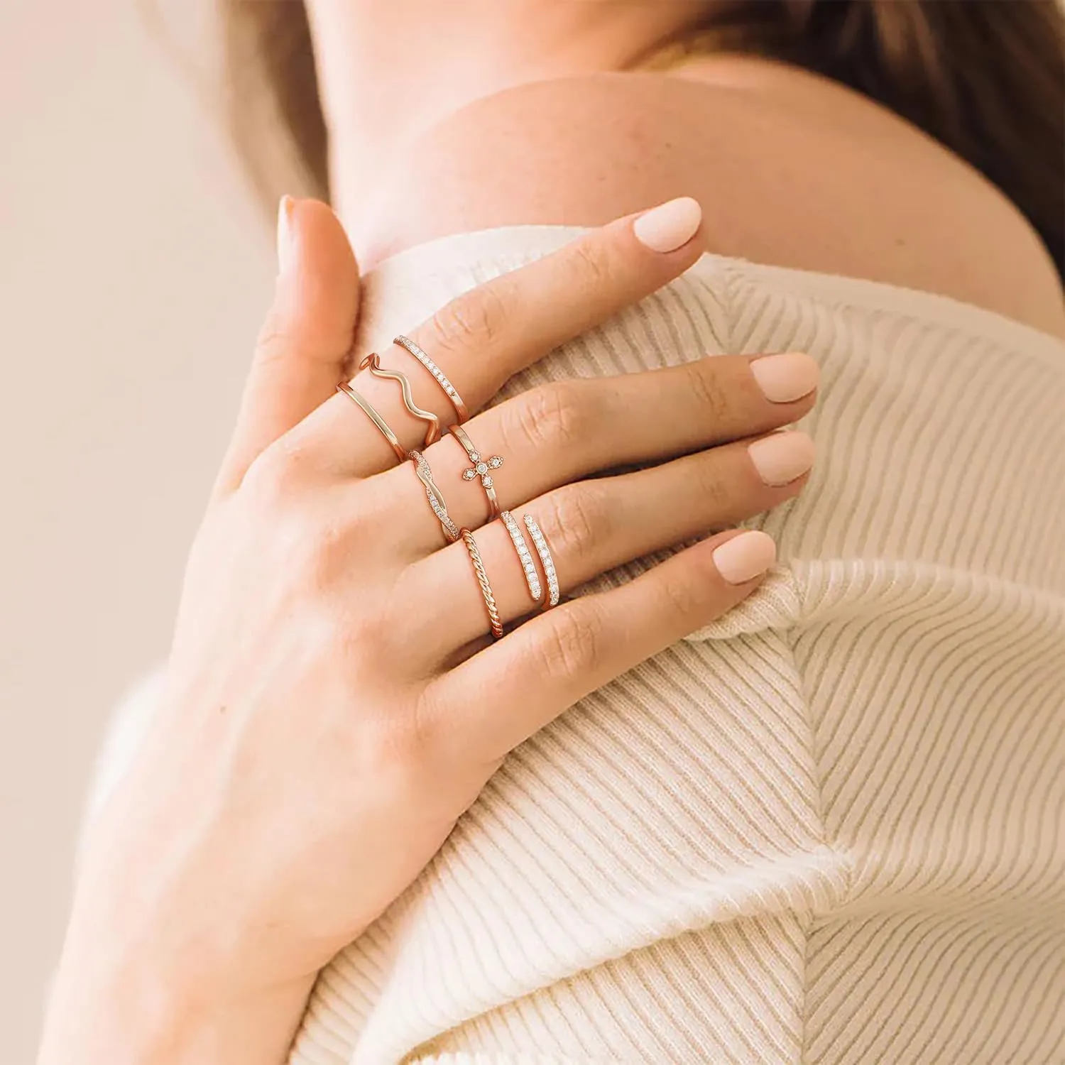 Honsny 14K Gold Plated Stacking Rings Set for Women, Stackable Knuckle Thumb Rings Thin Dainty Silver Rings for Women Wedding Eternity Band Simple Rose Gold Ring Size 4-11