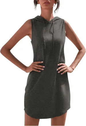 Hoodie Dress for Women Summer Drawstring Sleeveless Sweatshirt Dress Athleisure Hooded Tank Mini Dresses 2025