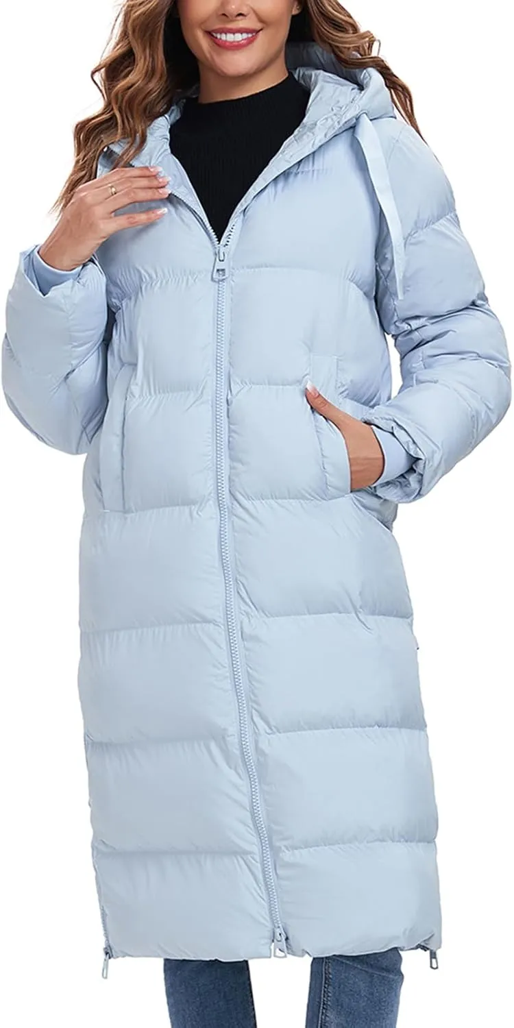 HOTIAN Women's Thickened Down Jacketts Maxi Length Winter Warm Puffer Coat Hooded Parka Jacket Padded Outerwear