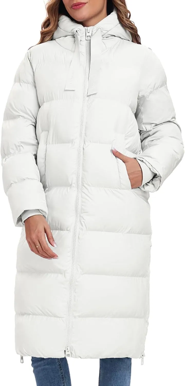 HOTIAN Women's Thickened Down Jacketts Maxi Length Winter Warm Puffer Coat Hooded Parka Jacket Padded Outerwear