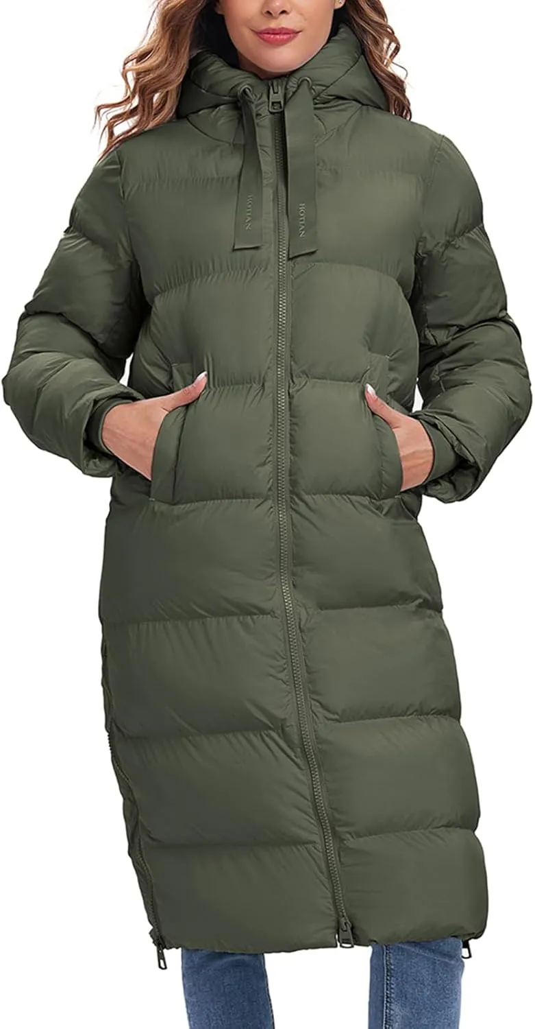 HOTIAN Women's Thickened Down Jacketts Maxi Length Winter Warm Puffer Coat Hooded Parka Jacket Padded Outerwear