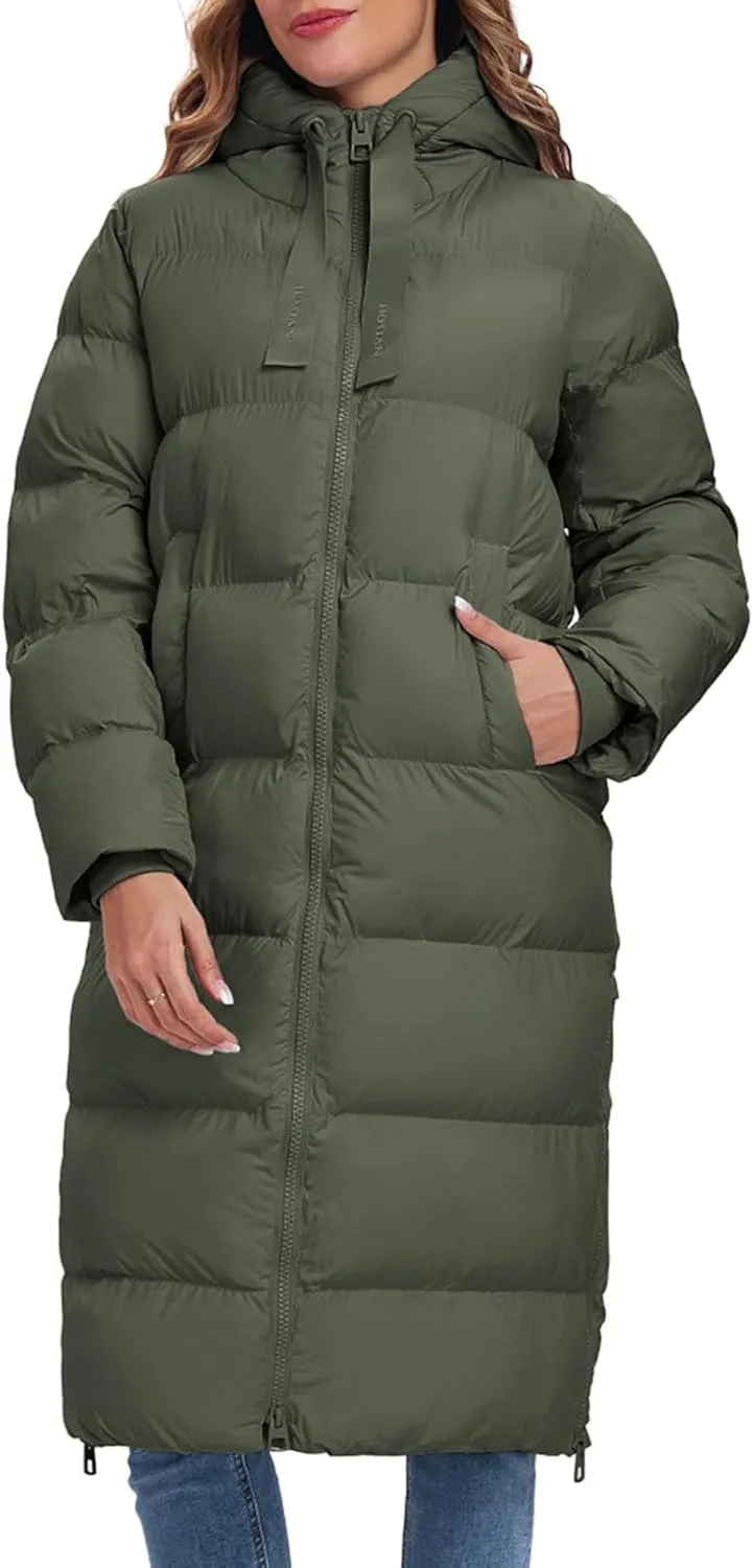 HOTIAN Women's Thickened Down Jacketts Maxi Length Winter Warm Puffer Coat Hooded Parka Jacket Padded Outerwear