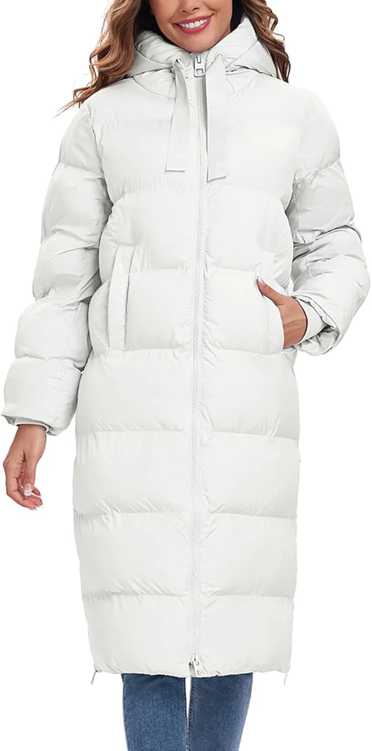 HOTIAN Women's Thickened Down Jacketts Maxi Length Winter Warm Puffer Coat Hooded Parka Jacket Padded Outerwear