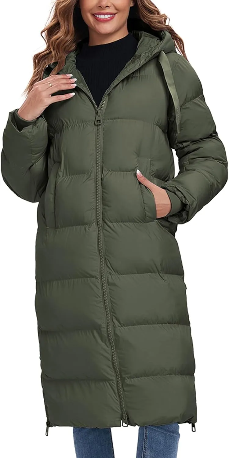 HOTIAN Women's Thickened Down Jacketts Maxi Length Winter Warm Puffer Coat Hooded Parka Jacket Padded Outerwear