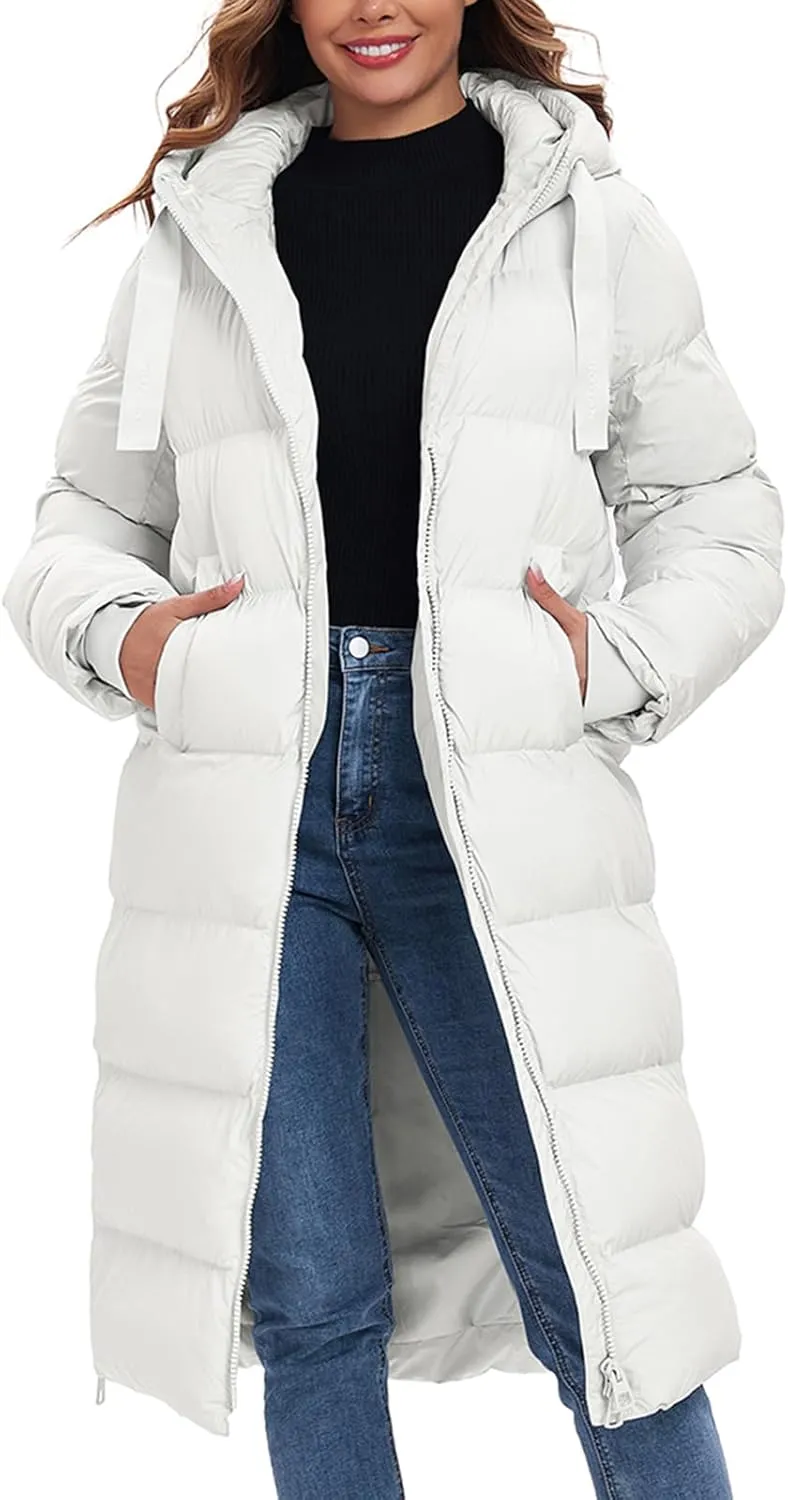 HOTIAN Women's Thickened Down Jacketts Maxi Length Winter Warm Puffer Coat Hooded Parka Jacket Padded Outerwear