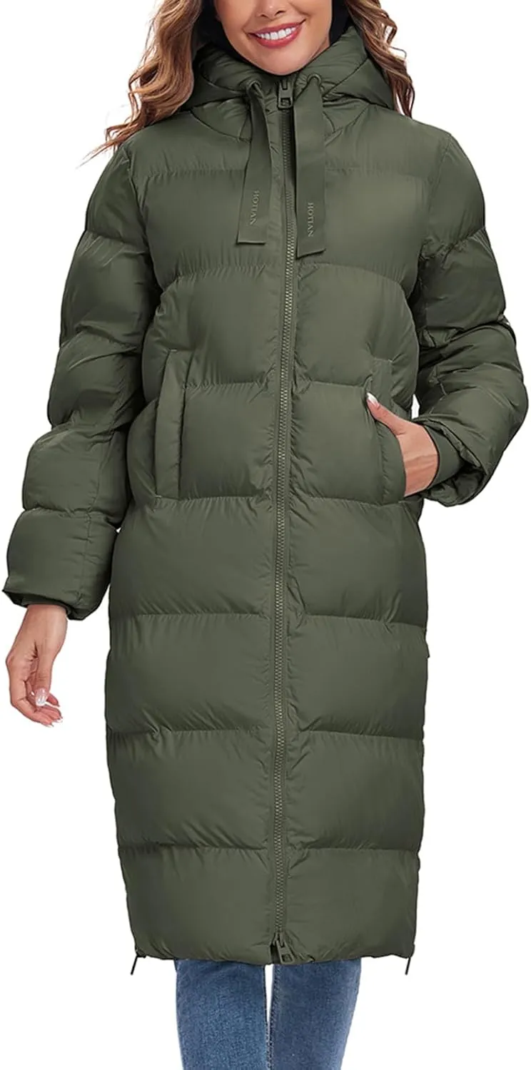 HOTIAN Women's Thickened Down Jacketts Maxi Length Winter Warm Puffer Coat Hooded Parka Jacket Padded Outerwear
