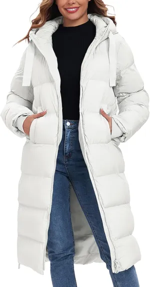 HOTIAN Women's Thickened Down Jacketts Maxi Length Winter Warm Puffer Coat Hooded Parka Jacket Padded Outerwear