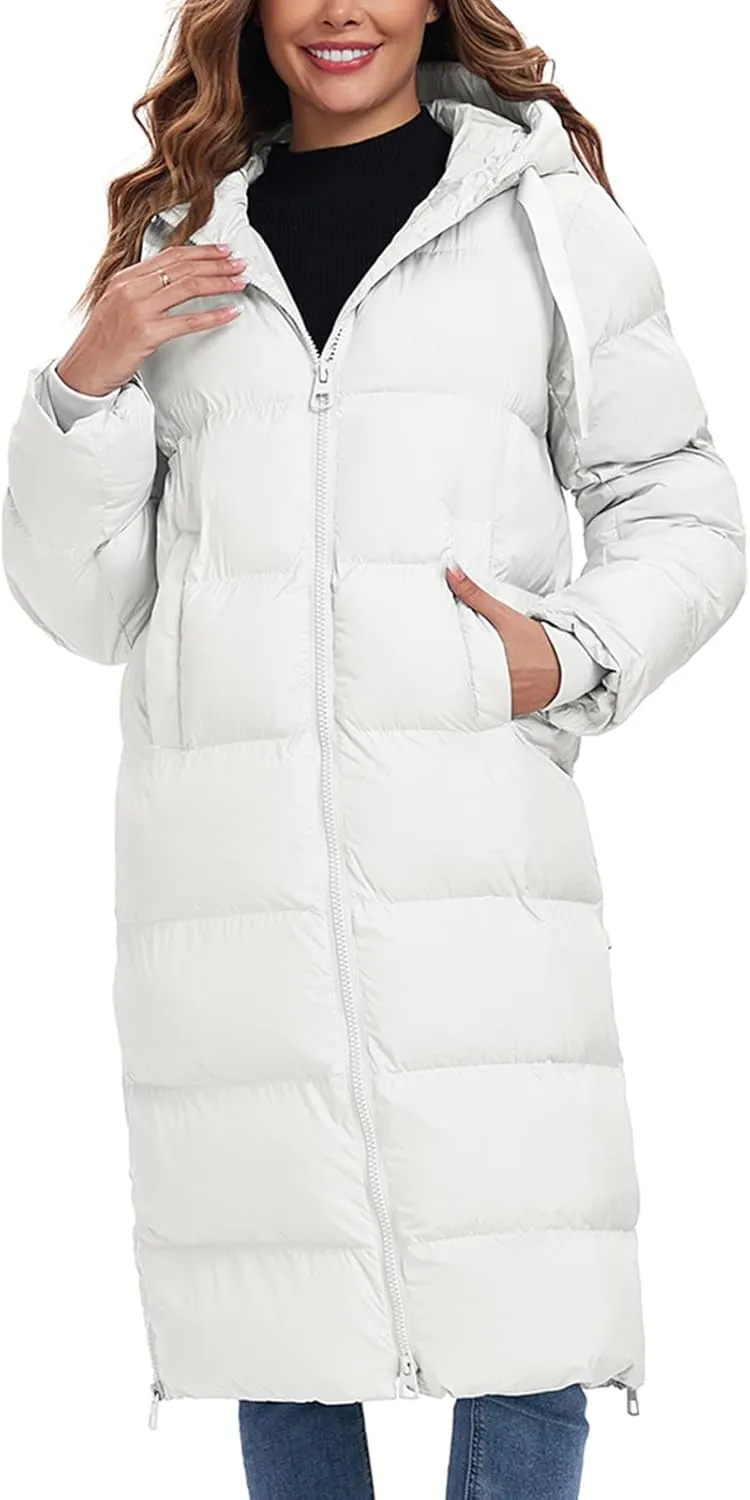 HOTIAN Women's Thickened Down Jacketts Maxi Length Winter Warm Puffer Coat Hooded Parka Jacket Padded Outerwear
