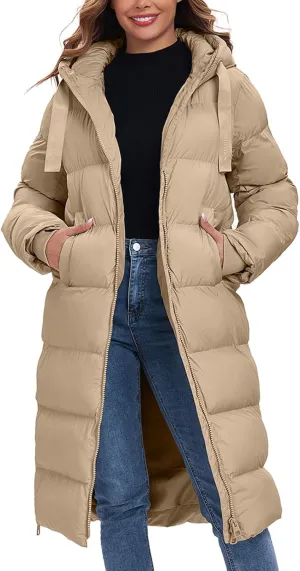 HOTIAN Women's Thickened Down Jacketts Maxi Length Winter Warm Puffer Coat Hooded Parka Jacket Padded Outerwear