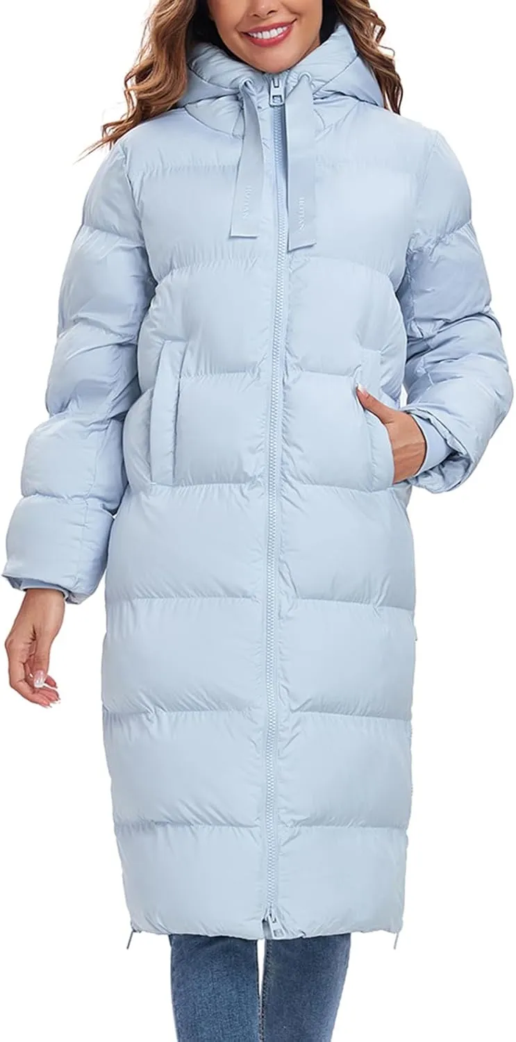 HOTIAN Women's Thickened Down Jacketts Maxi Length Winter Warm Puffer Coat Hooded Parka Jacket Padded Outerwear