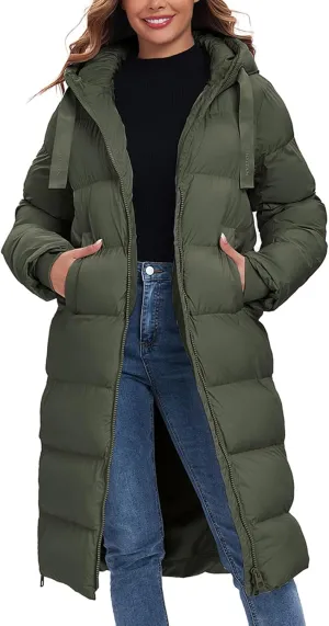 HOTIAN Women's Thickened Down Jacketts Maxi Length Winter Warm Puffer Coat Hooded Parka Jacket Padded Outerwear