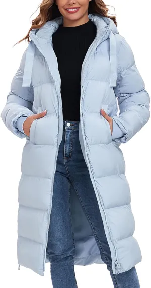 HOTIAN Women's Thickened Down Jacketts Maxi Length Winter Warm Puffer Coat Hooded Parka Jacket Padded Outerwear