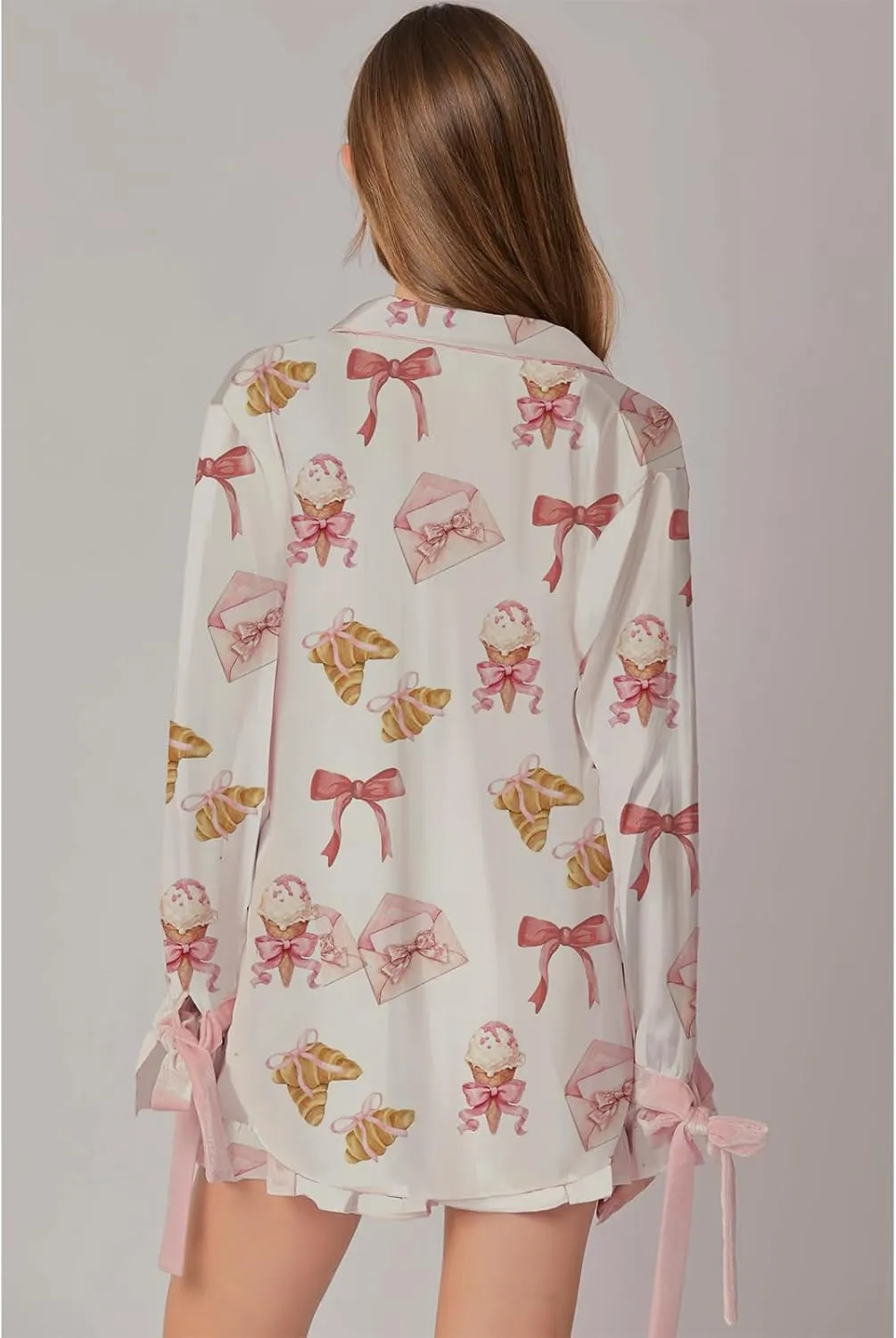 HOXIJIA Women Valentine Pajamas 2 Piece Sets Cute Long Sleeve V Neck Floral Print Bow Tie Open Front Sleepwear 2PCS Outfits
