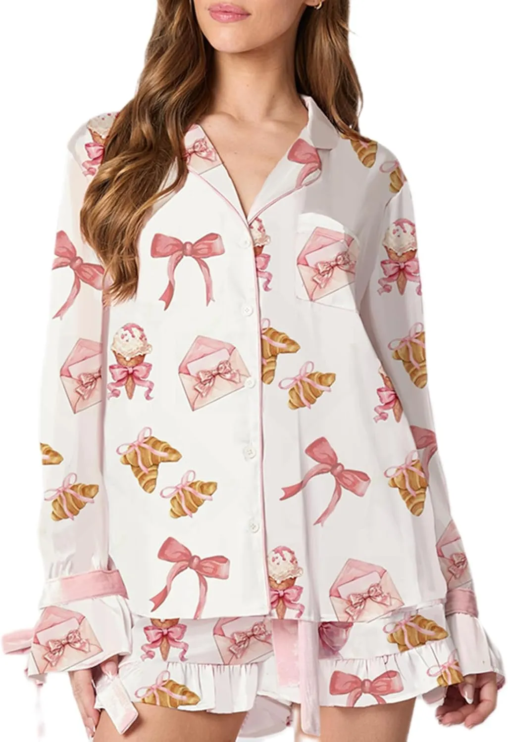 HOXIJIA Women Valentine Pajamas 2 Piece Sets Cute Long Sleeve V Neck Floral Print Bow Tie Open Front Sleepwear 2PCS Outfits