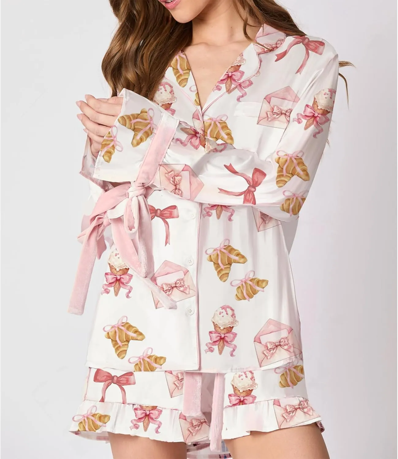 HOXIJIA Women Valentine Pajamas 2 Piece Sets Cute Long Sleeve V Neck Floral Print Bow Tie Open Front Sleepwear 2PCS Outfits