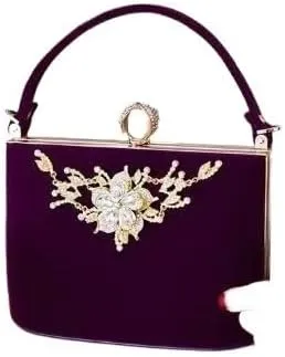 HUFFA Gold Crystal Flowers Velvet Clutch Bag Party Shoulder Handbag Evening Bag Flower Wedding Party Bride Clutch Bag (Color : 1, Size : One Size)