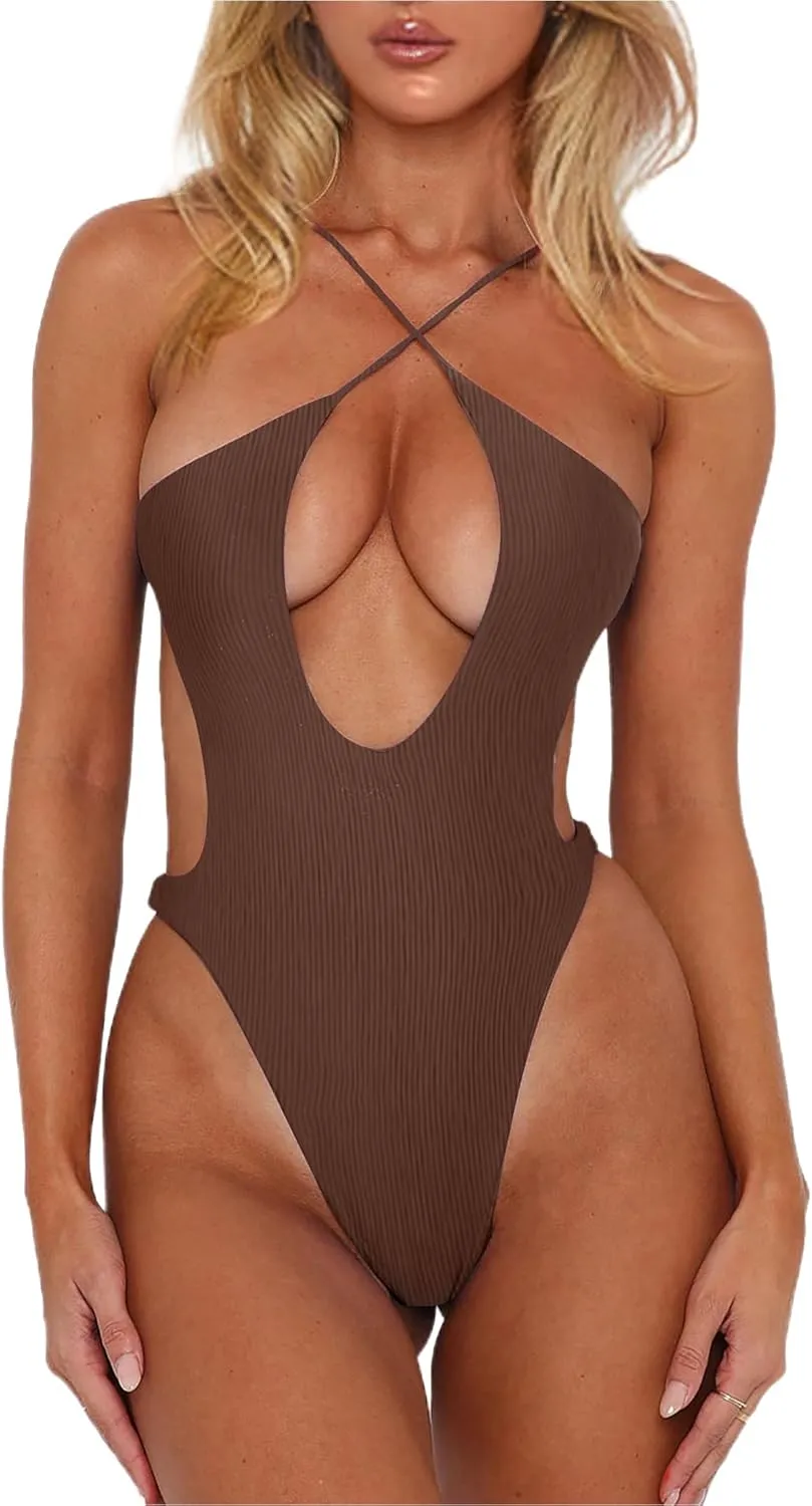 HYPERFIRE Women's Sexy Criss Cross Halter Bathing Suit Cut Out Backless Monokini Swimsuits One Piece