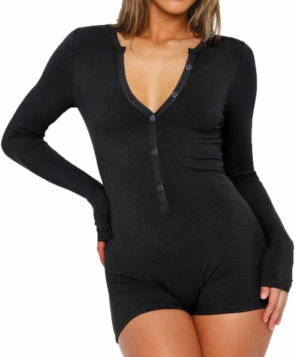 INFITTY Women Long Sleeve V Neck Rompers Ribbed Button Down Yoga Rompers Sexy Pajama Unitard Outfit