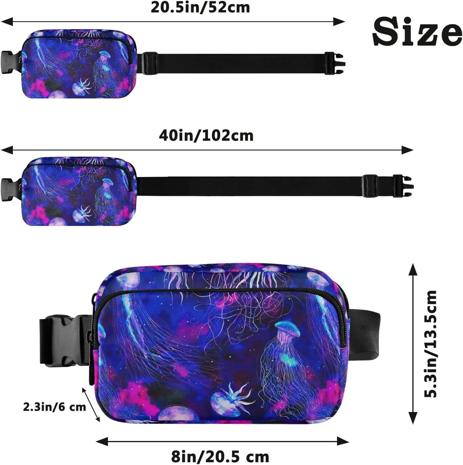 Jellyfishes Space Colorful Blue Waterproof Fanny Packs for Women Hip Bag Belt Pouch Colorful Travel Waist Pouch