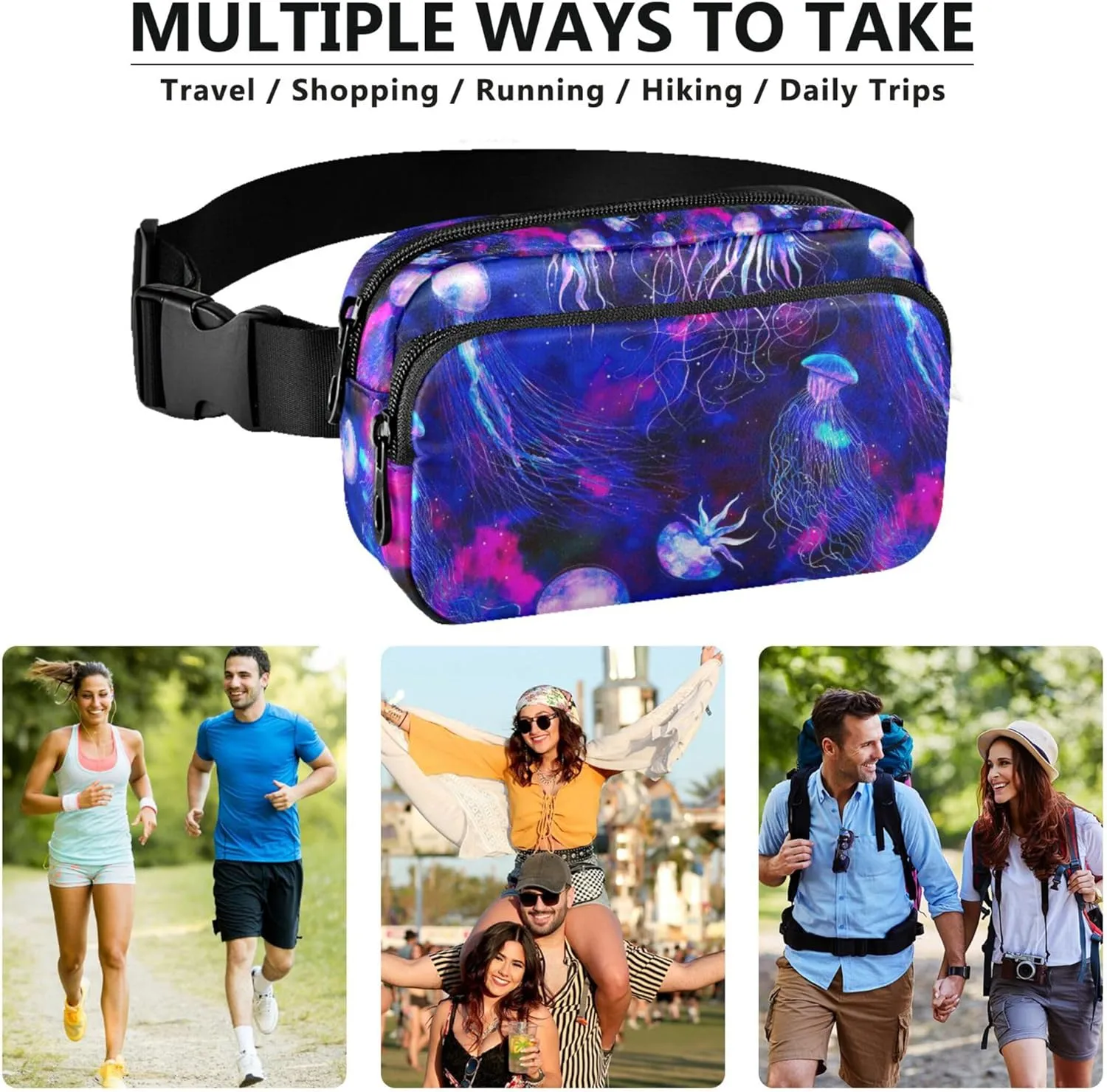 Jellyfishes Space Colorful Blue Waterproof Fanny Packs for Women Hip Bag Belt Pouch Colorful Travel Waist Pouch