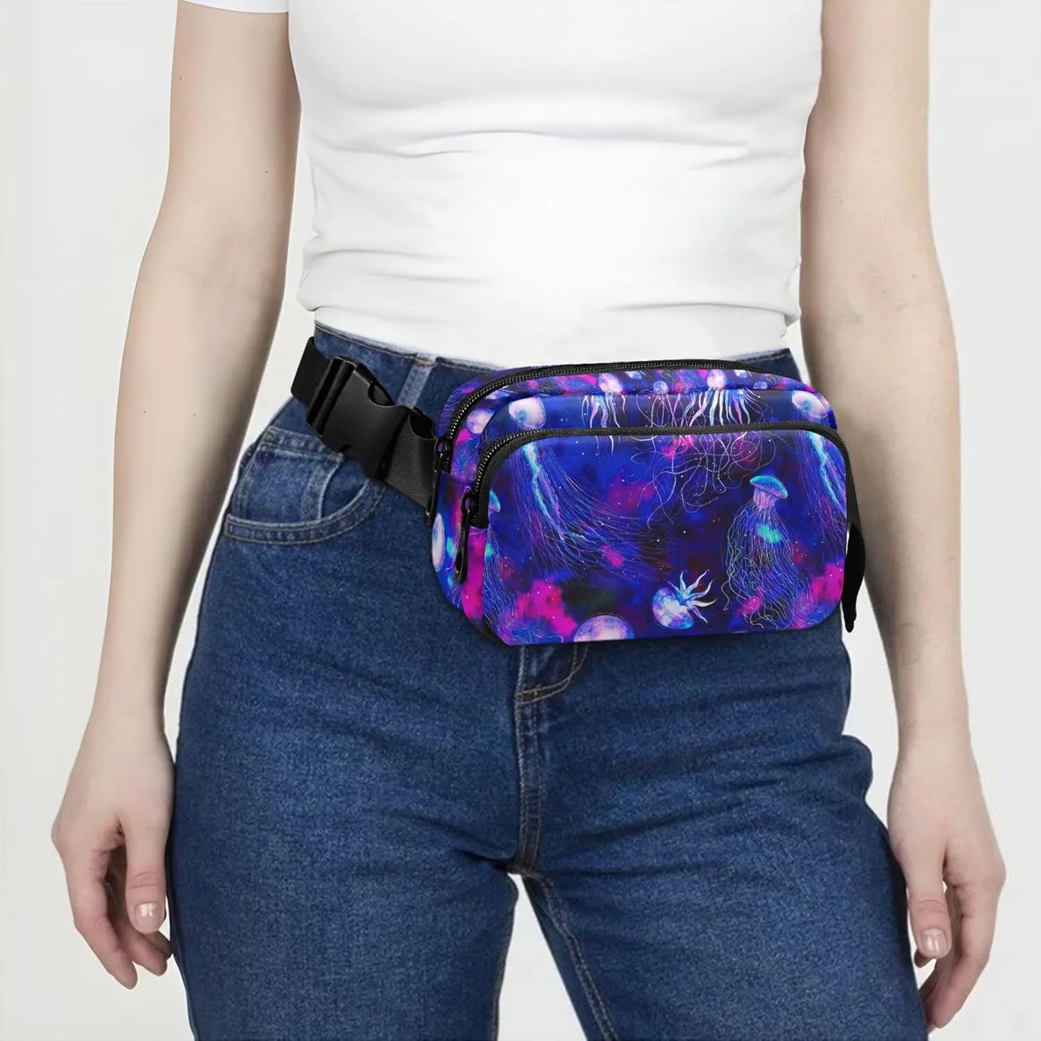 Jellyfishes Space Colorful Blue Waterproof Fanny Packs for Women Hip Bag Belt Pouch Colorful Travel Waist Pouch